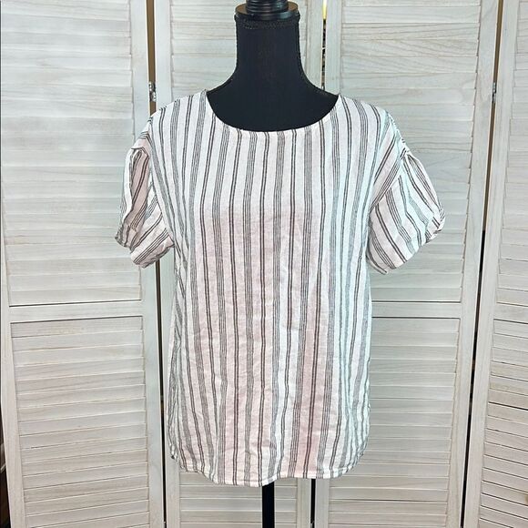 Ellen Tracy Linen Blend Ticking Stripe Tee Small - Picture 1 of 9